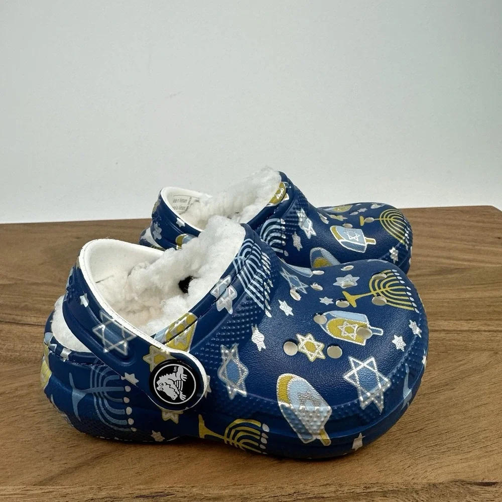 New Little Kids Crocs Classic Lined Blue Hanukkah Clogs Shoes Sandals Size‎ 5 C